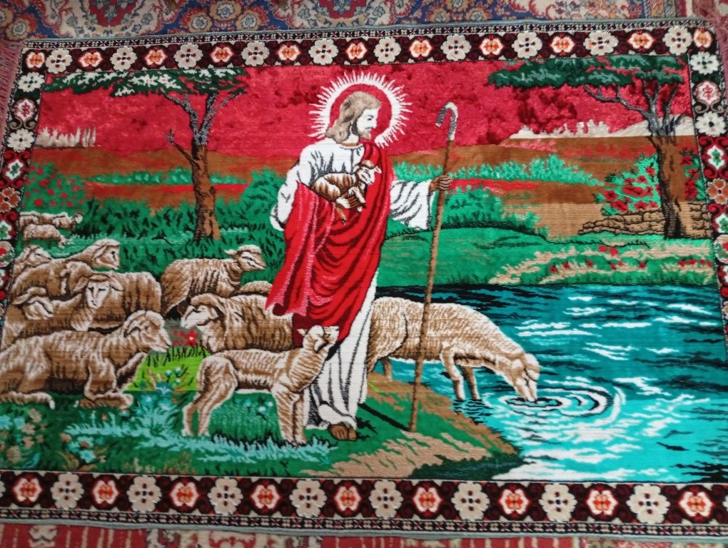 Vând carpetă originala persană religioasă,,Isus Păstorul cel bun "