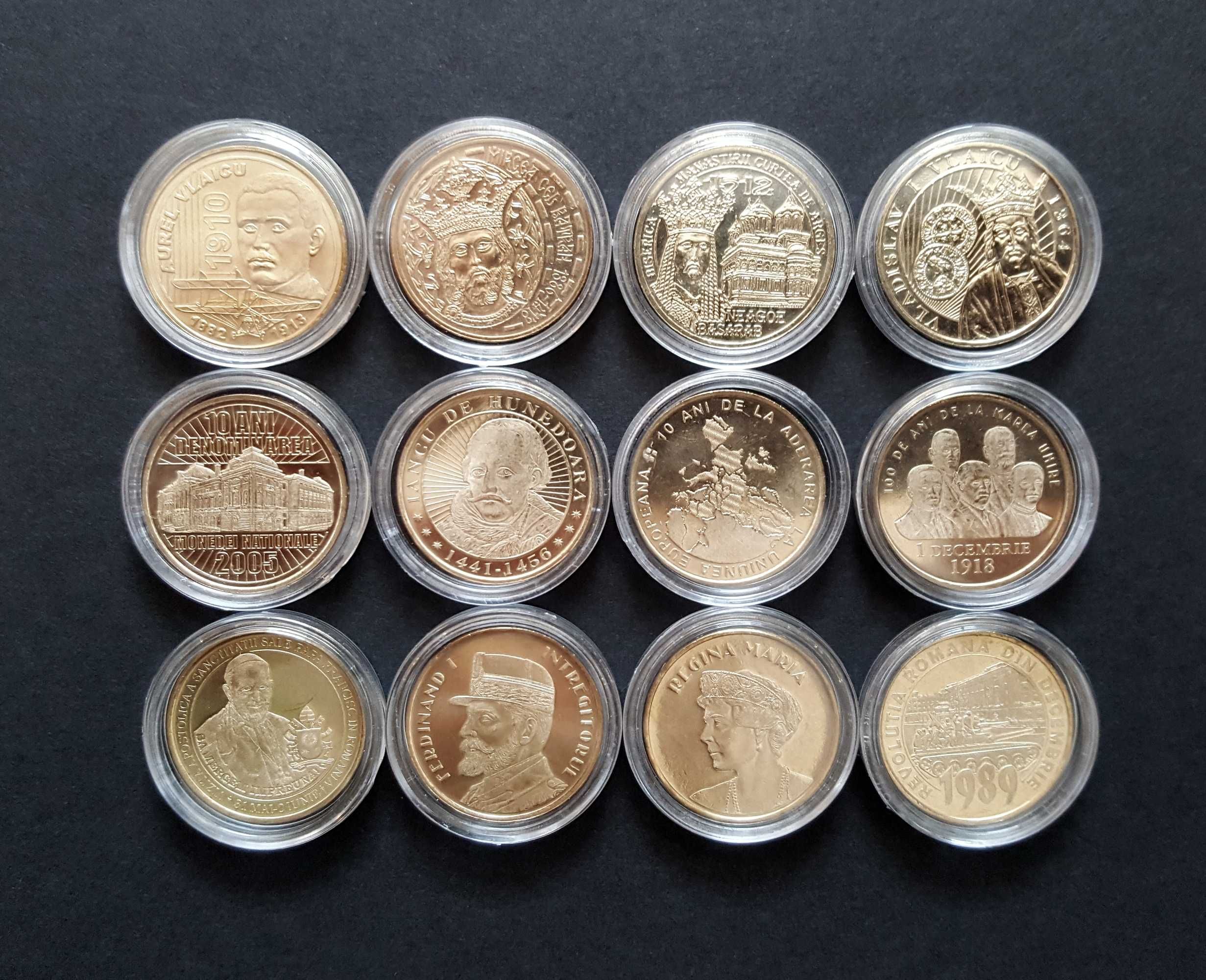 Set 12 monede comemorative 50 bani din fisic, necirculate, in capsule