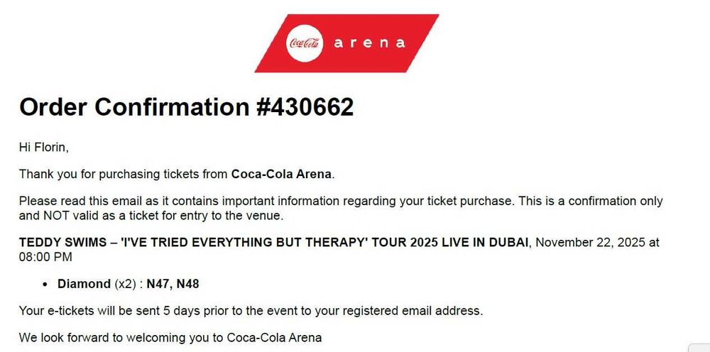 2 bilete DIAMOND la TEDDY SWIMS LIVE IN DUBAI, 22.11.2025