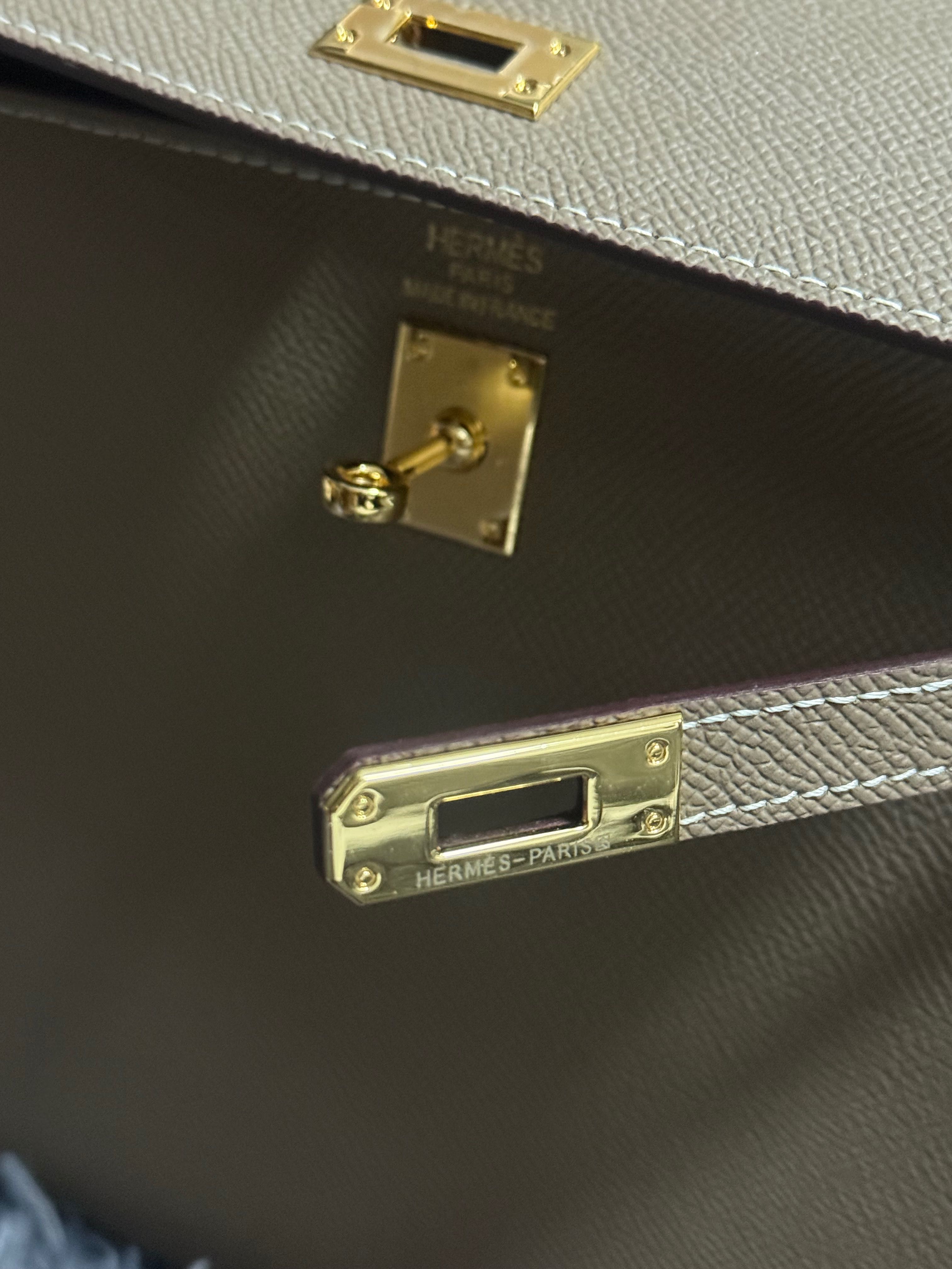 Hermes Kelly 25 Etoupe Epsom Sellier style gold hardware