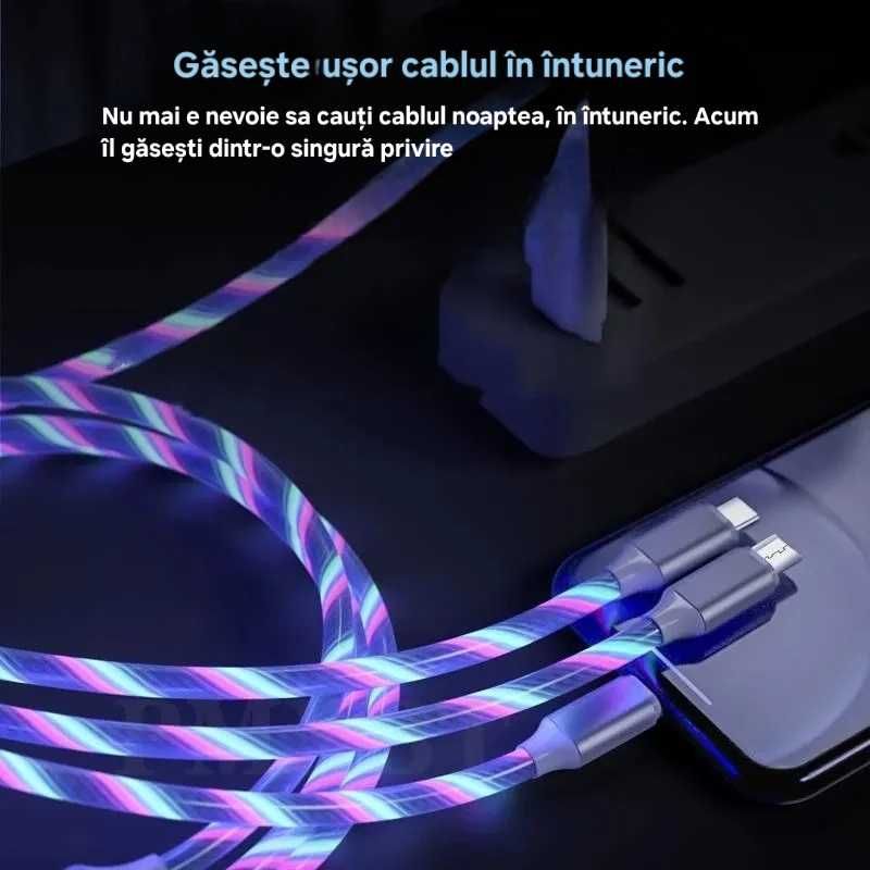 Cablu luminos 3in1. Fast charge/transfer date. UsbC/IOS/Micro. Cupru.