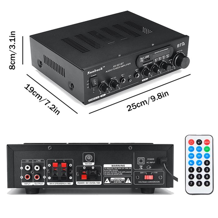 Аудио караоке усилвател AV-501BT Bluetooth  110V/220V DC 12V AUX вход