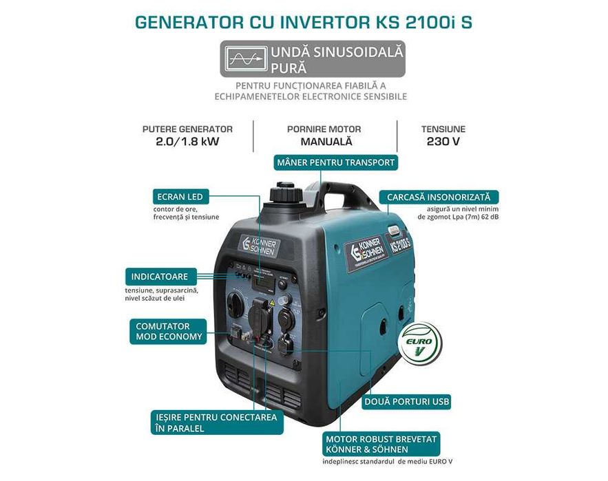 Generator de curent cu invertor silent 230V 2,0 kW Konner KS 2100i S