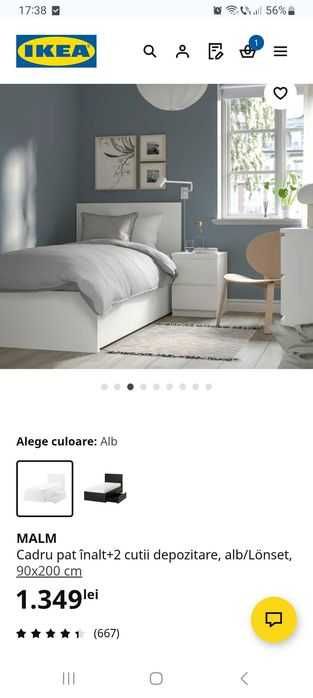 Pat IKEA MALM, alb, 90x200 + somieră + 2 cutii depozitare