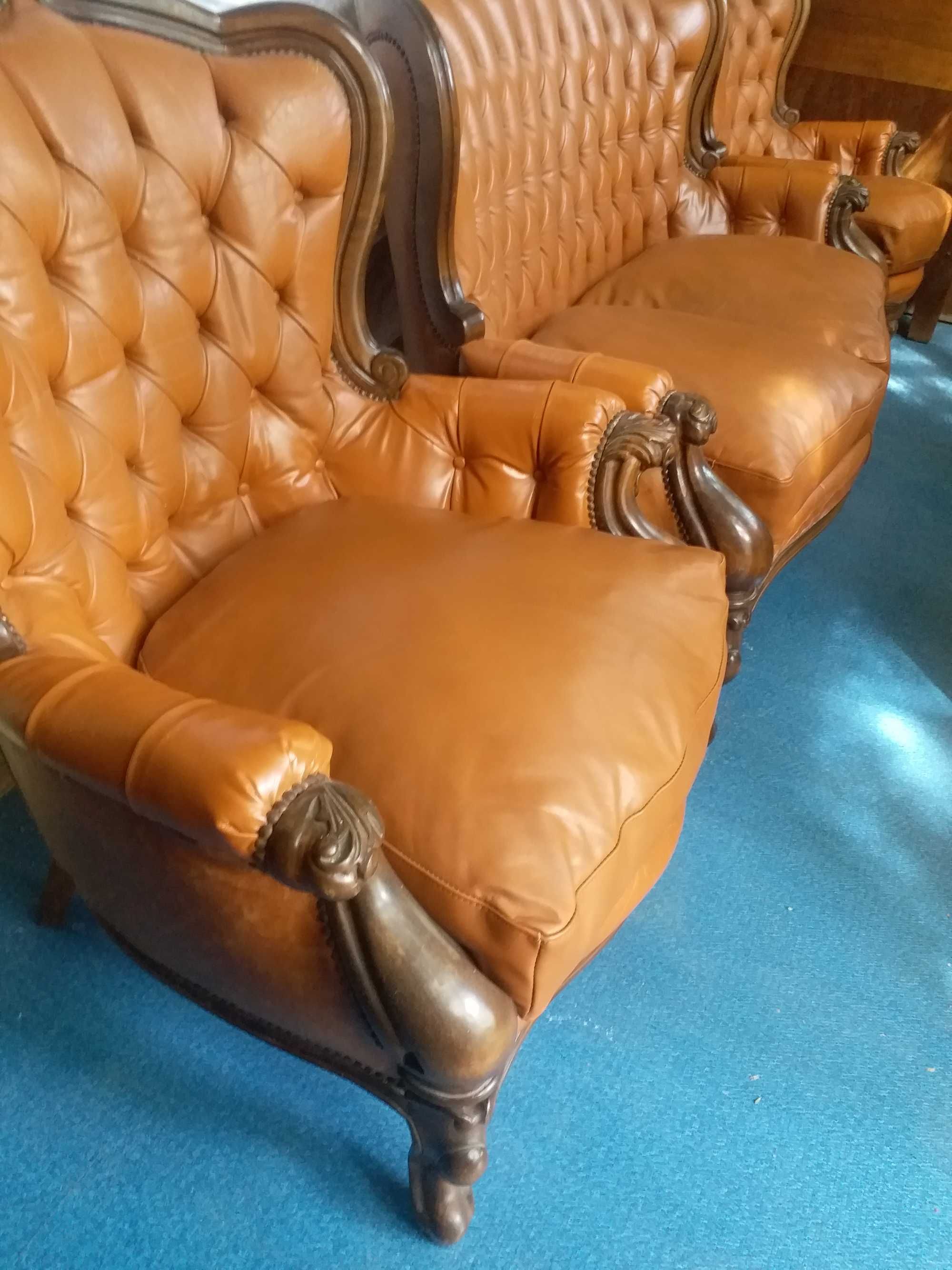 Set antic italian canapea 2 fotolii baroc piele naturala Chesterfield