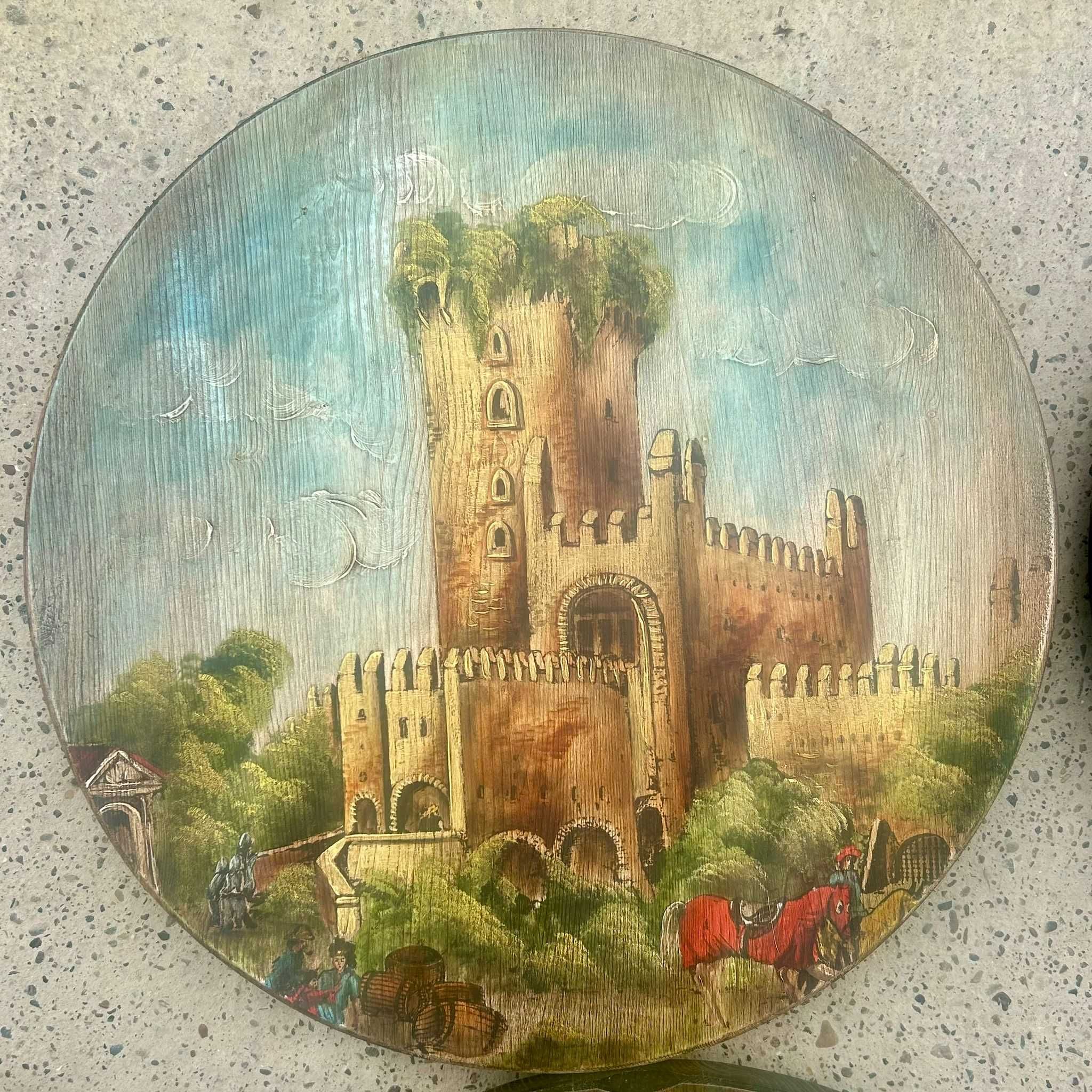 4 tablouri rotunde Cladiri si Peisaje Medievale, Picturi pe lemn 45 cm