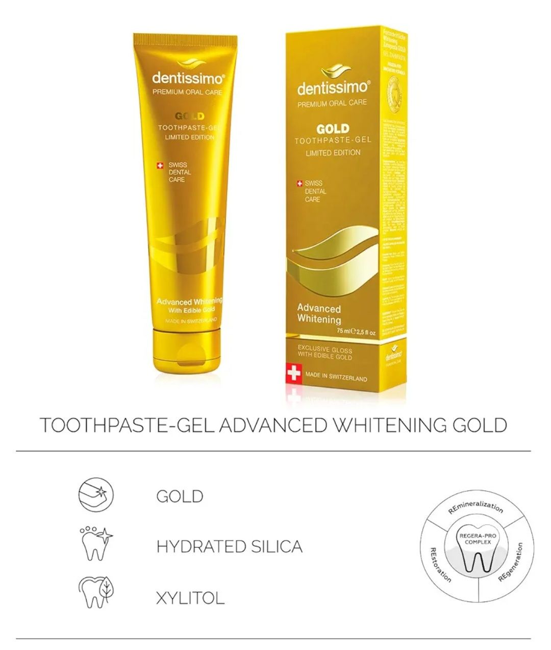 Pastă de dinți Dentissimo Premium Advanced Whitening Gold, Elveția