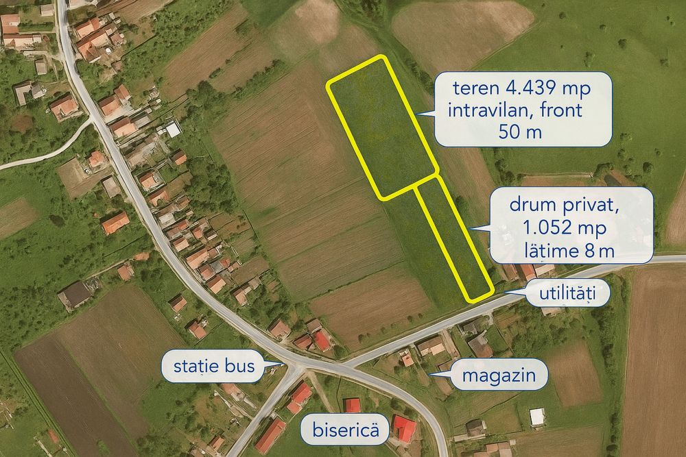 Teren intravilan Corusu - 4.439 mp + drum inclus | Pozitie centrala |