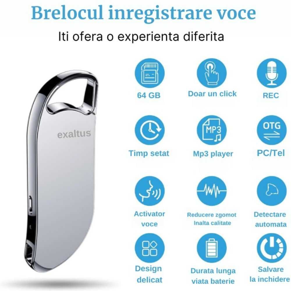 Reportofon spion breloc Premium 64 GB, inregistrare continua, smart