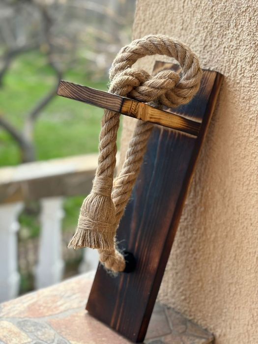 Aplica rustica lemn si funie handmade, finisaj antichizat