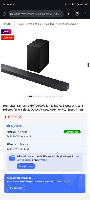 Soundbar Samsung HW-Q600F, 3.1.2, 380W, Bluetooth, Wi-Fi, Subwoofer wi