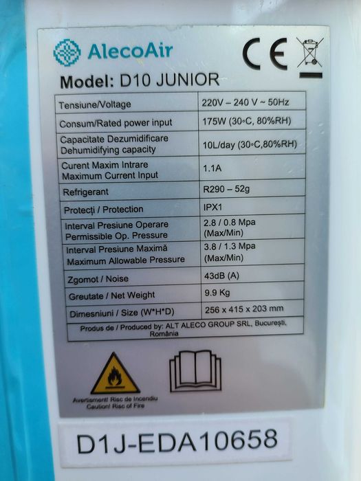 Dezumidificator AlecoAir D10 Junior,10 litri/zi, Uscare Rufe, 80 mc/h