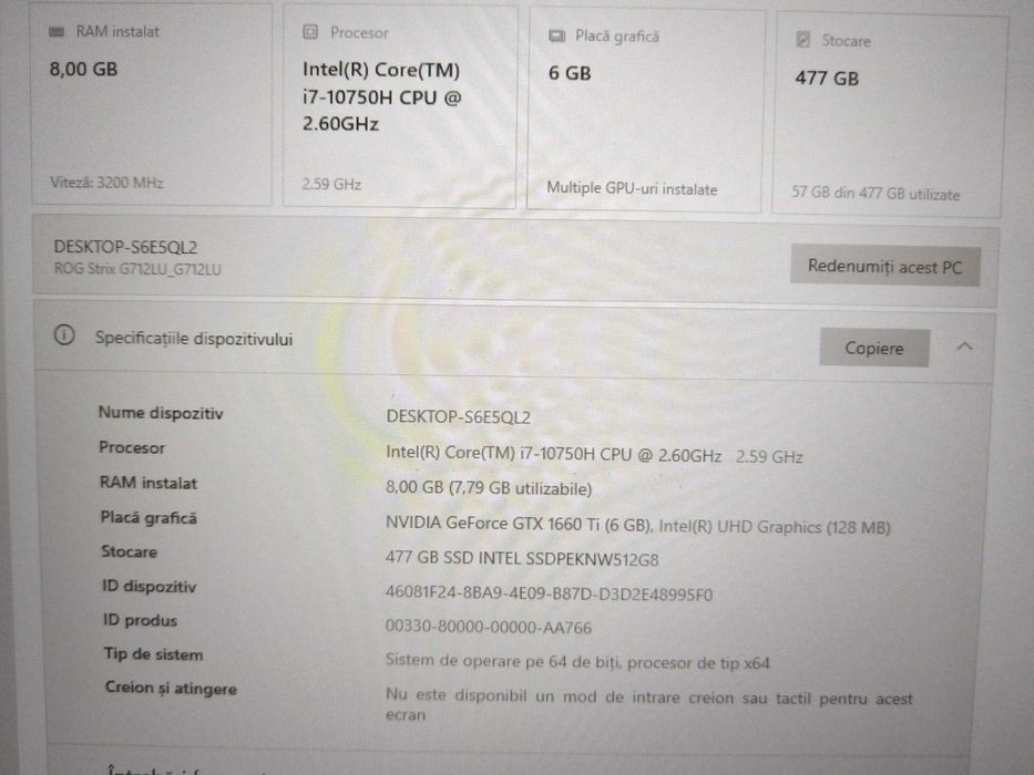 Super pret! Laptop ca nou! Asus ROG Strix, Intel i7-10750H