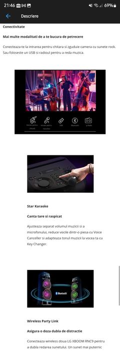 2 bucati Sistem audio LG XBOOM RNC9, Bluetooth, Radio FM, Karaoke, Wi