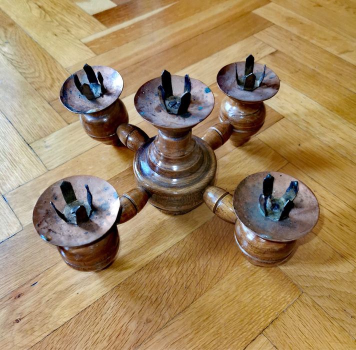 Антикварен дървен свещник за 5 свещи в стил Брутализъм ръчно изработен