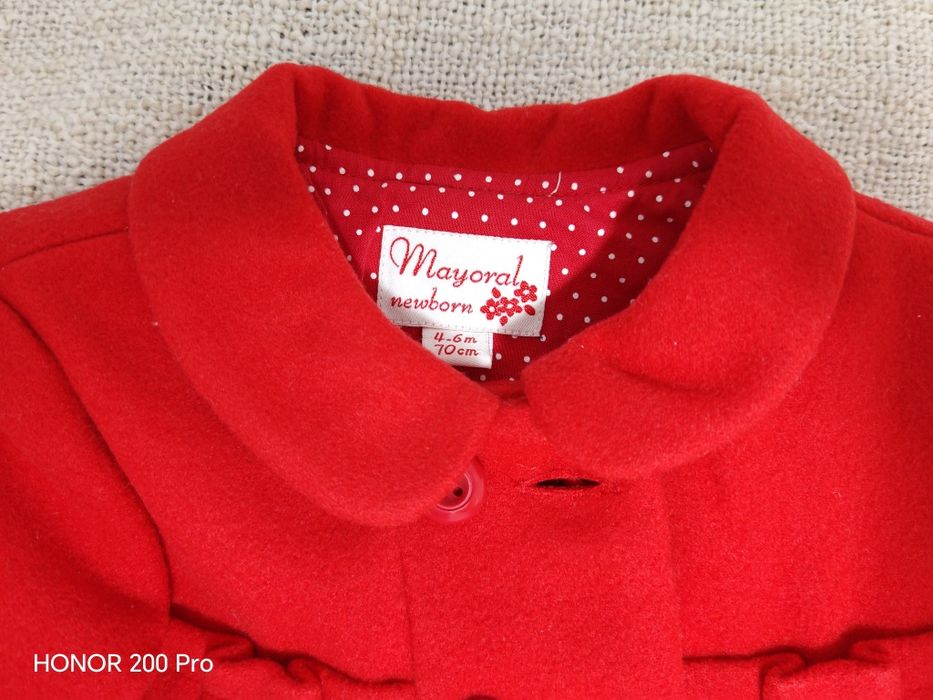 Palton elegant bebe fetite, Mayoral, nou, rosu, marimea 4-6 luni,70 cm