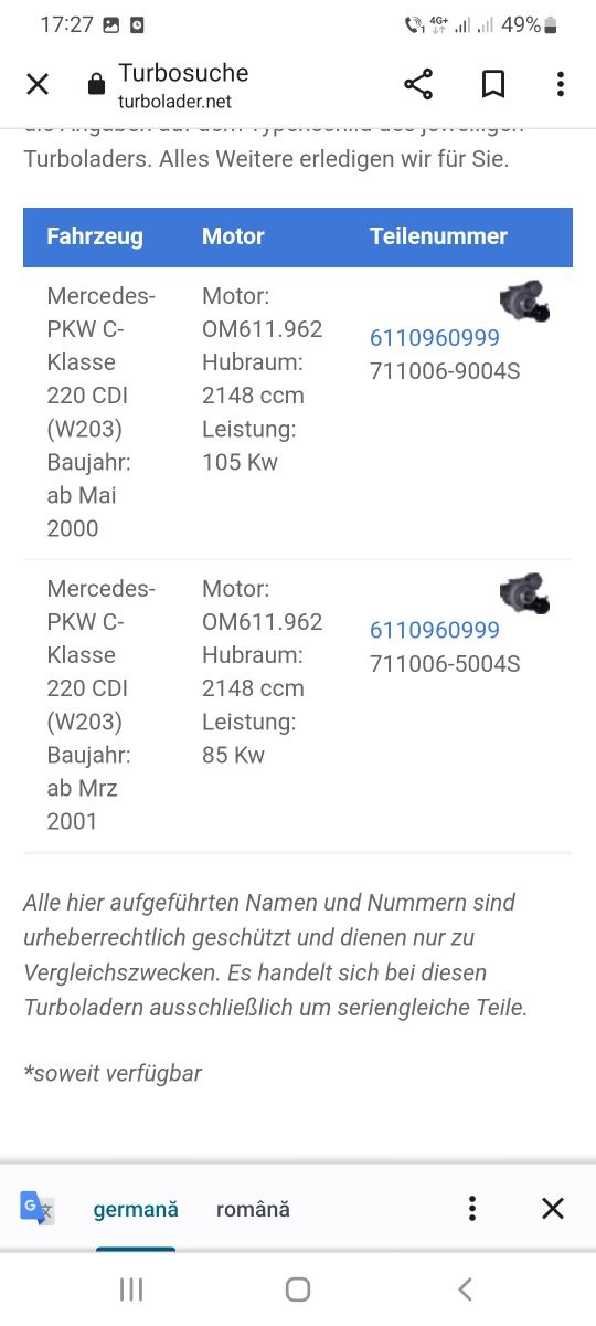 Turbo Mercedes Benz 2.2 Cdi