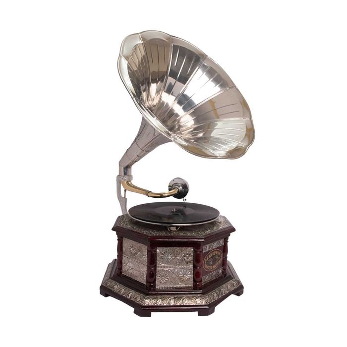 Gramofon din lemn masiv cu pâlnie argintie, H 67 cm, cadou ideal