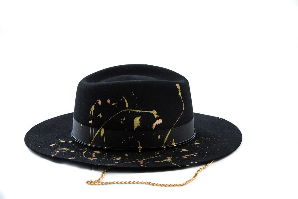 Palarie Dadarlat Lana Neagra Fedora Splash cu Lantisor Auriu