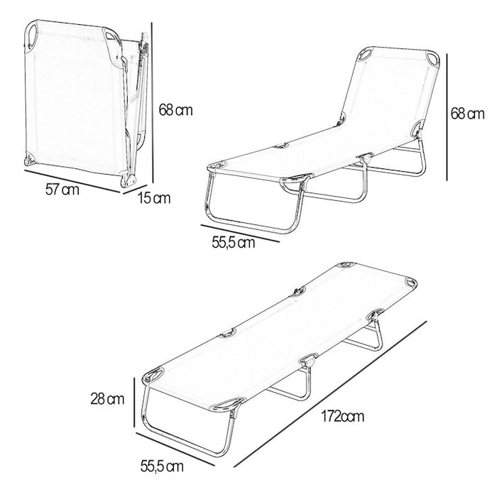 Сгъваем шезлонг,  сив, 172.5x55.5 см, с регулируема облега