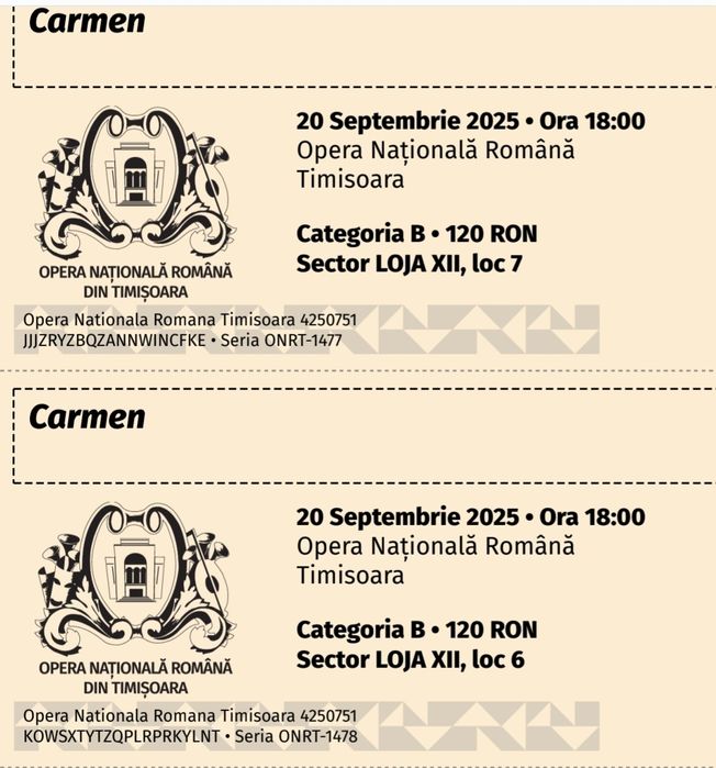 Vând 2 bilete Opera Carmen 20 sept