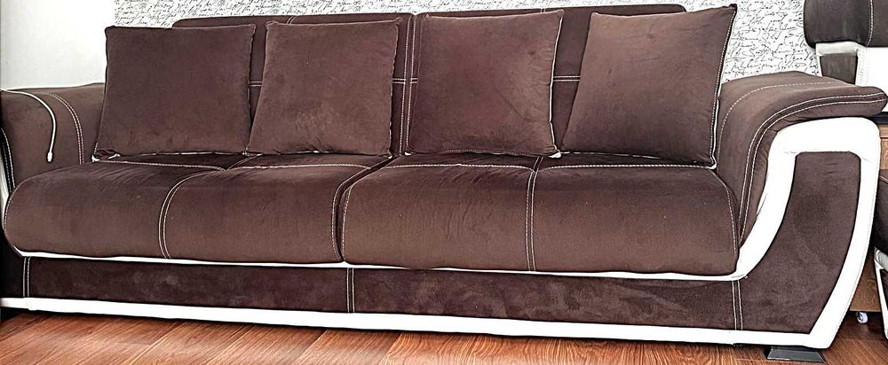 Set Canapea Princess + 2 Fotolii + 2 Tabureți alb - maro (extensibile)