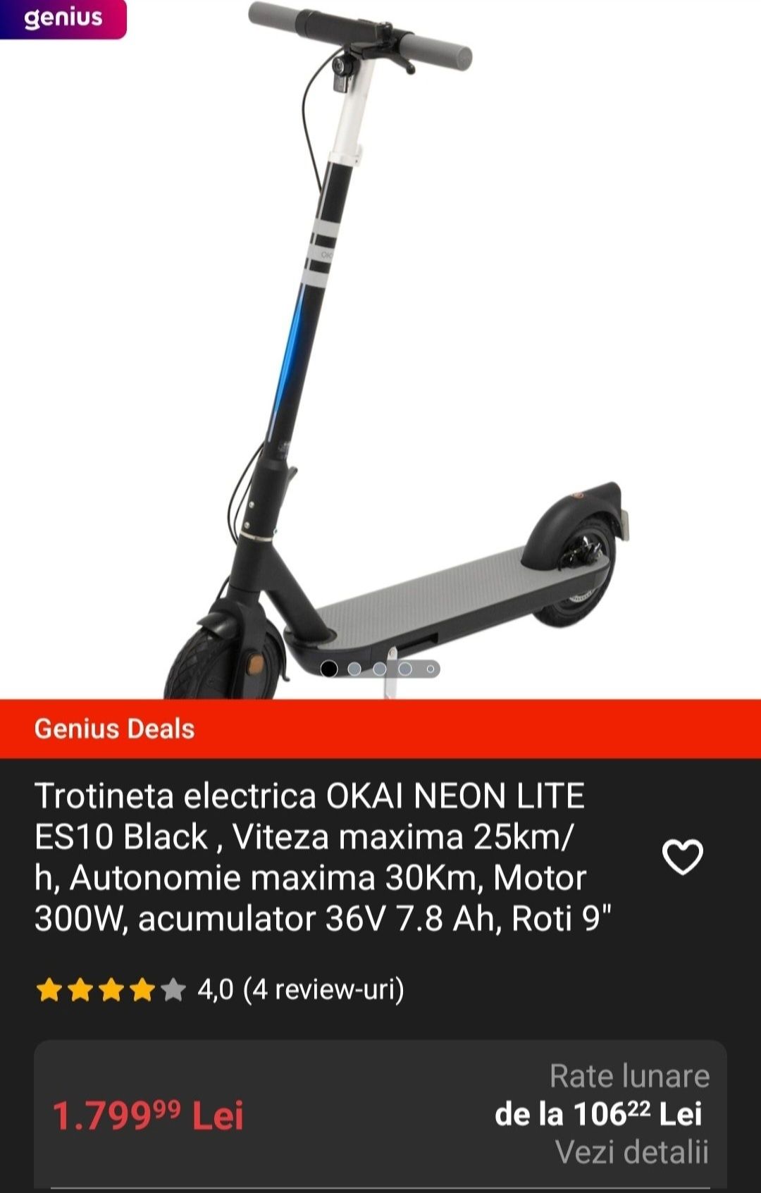 Trotineta electrica OKAI NEON LITE ES10 Black , Viteza maxima 25km/h.