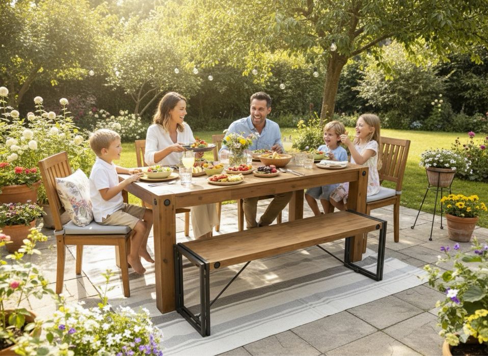 Masa de lemn cu bancuta de familie, industrial design