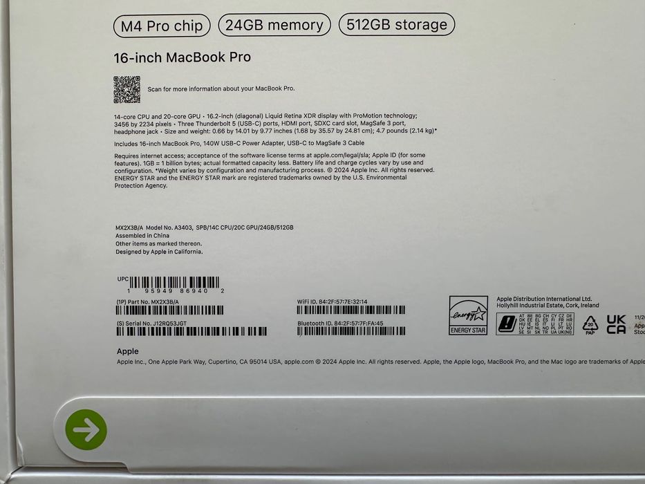 ЧИСТО НОВ MacBook Pro 16" M4 PRO Chip 14-CPU/20-GPU/24RAM/512GB SSD