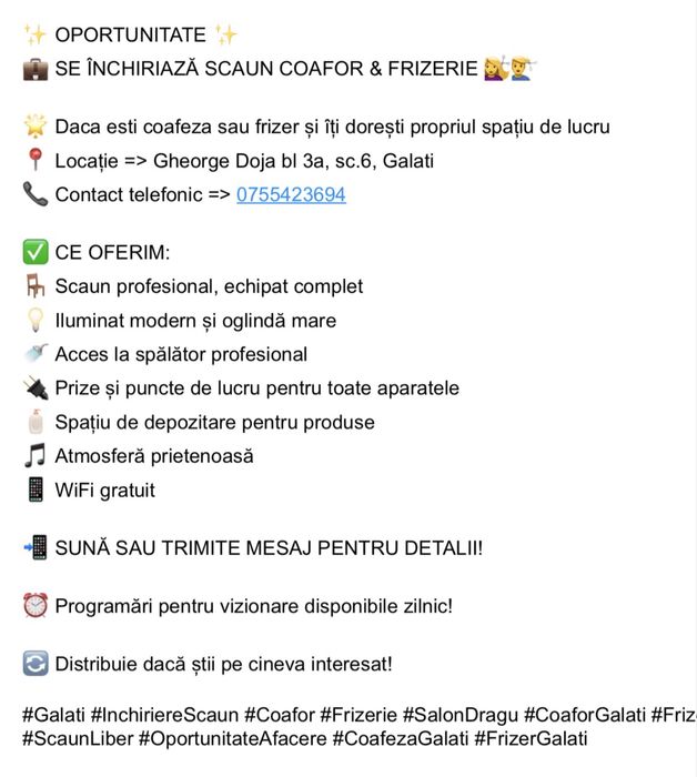 Se inchiriaza scaun de coafor si frizer