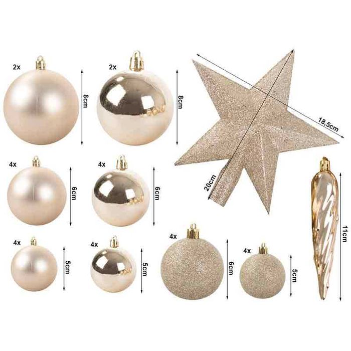 Комплект пластмасови коледни топки и звезда за елха, златисто, 33 бр