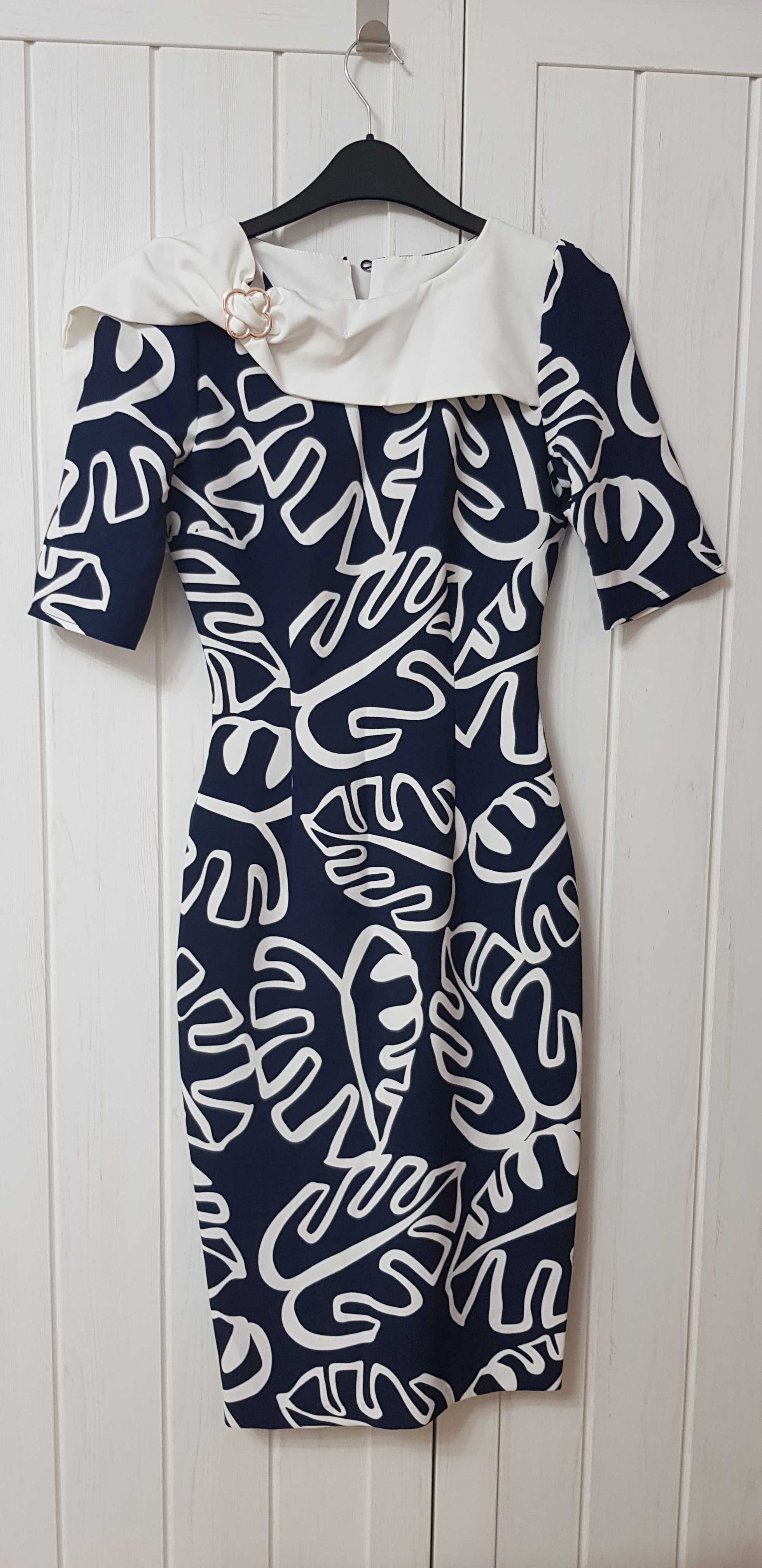 Rochie Fofy bleumarin cu imprimeu frunze