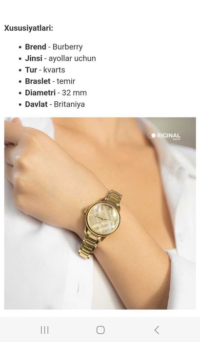 Burberry ayollar qol soat 2yil garantiye