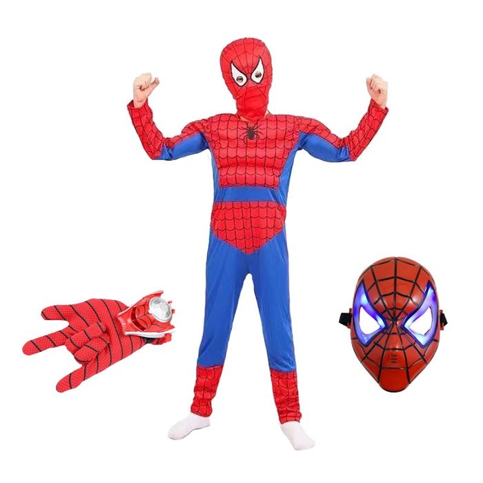 Set costum Ultimate Spiderman copii, 120-130 cm, manusa si masca LED