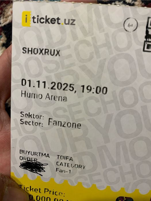 Fanzone Shoxrux rep konsertiga 2 ta fanzonedan bilet bor