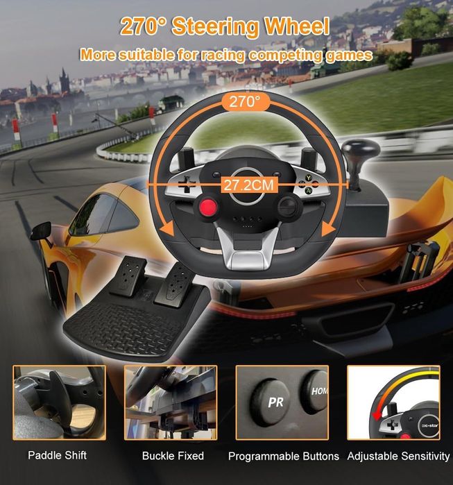 Volan DuLingKer pentru PC cu pedale și schimbător,volan de gaming 270°