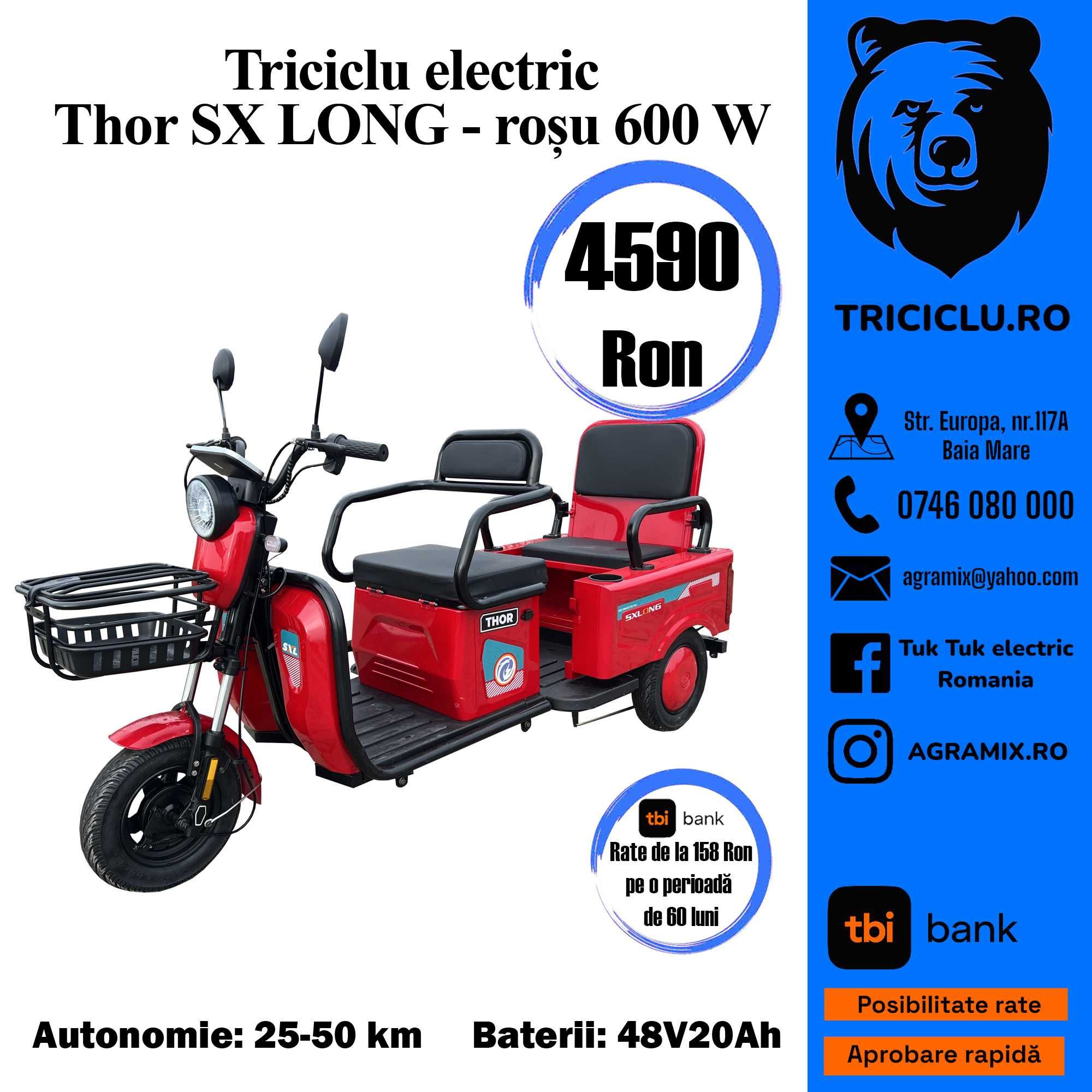 Triciclu electric Thor S X LONG 600W alb negru rosu gri Agramix