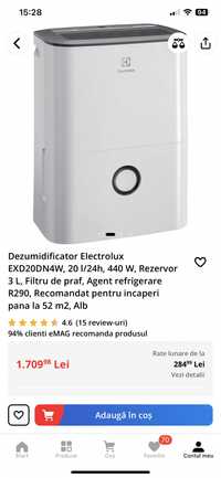 Dezumidificator Electrolux EXD20DN4W, 20 l/24h