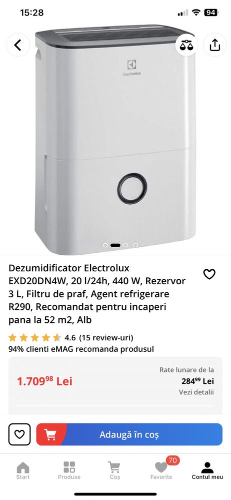 Dezumidificator Electrolux EXD20DN4W, 20 l/24h