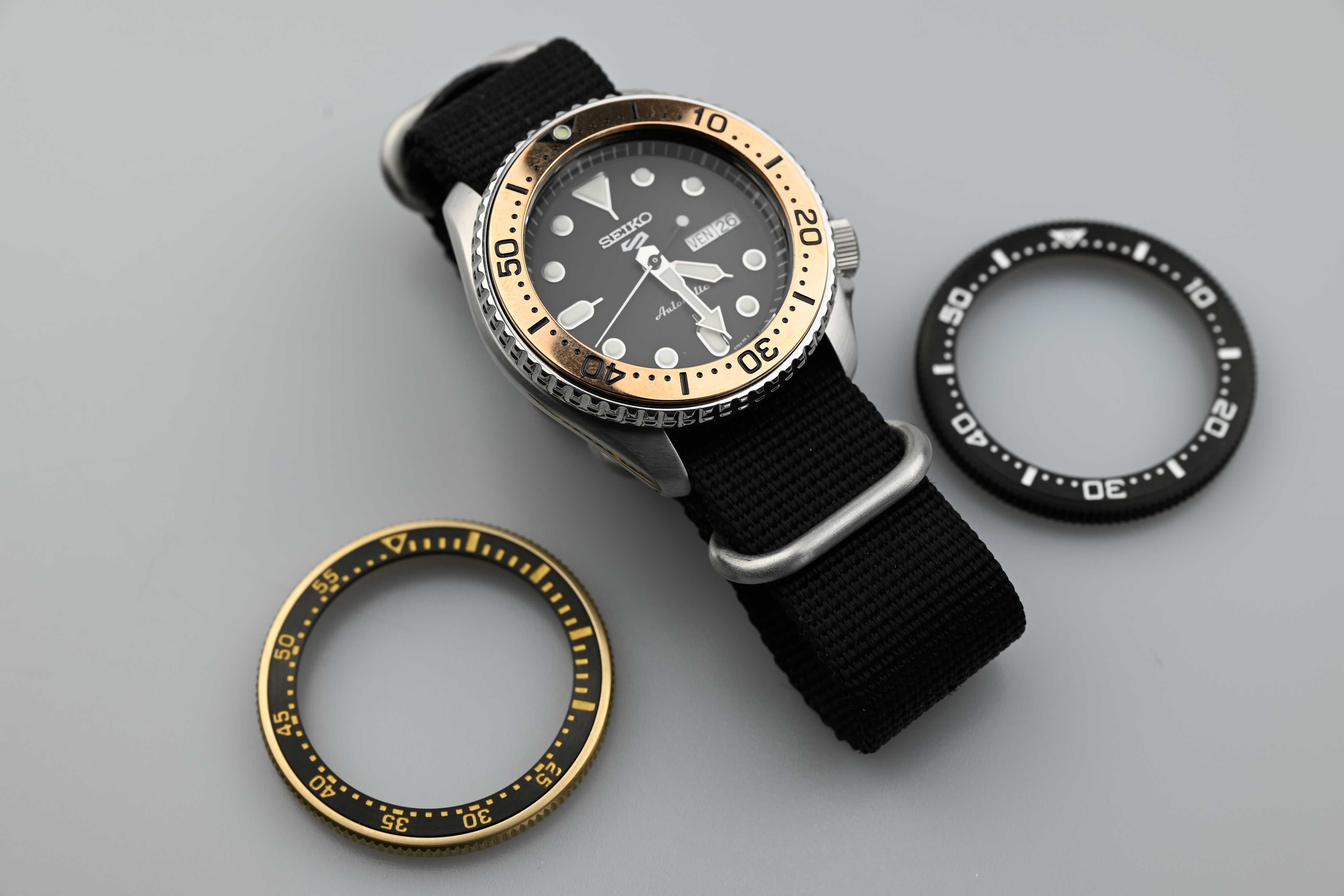 Piese ceas Seiko coroana bezel rotativ negru/auriu + bezel insert