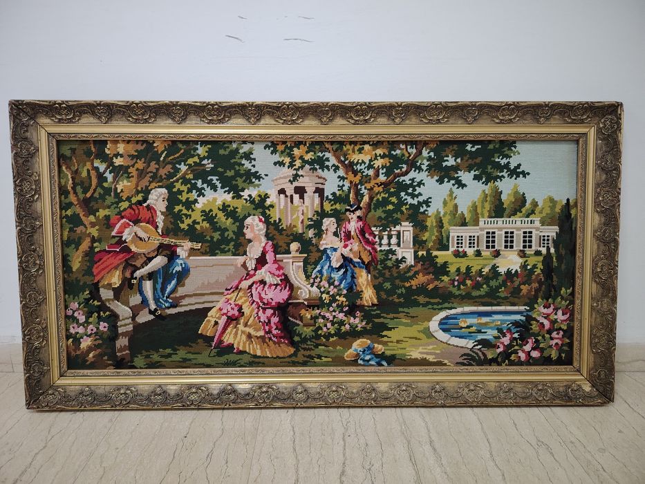 Goblen superb de dimensiuni mari,scena galanta încadrată într-o ra