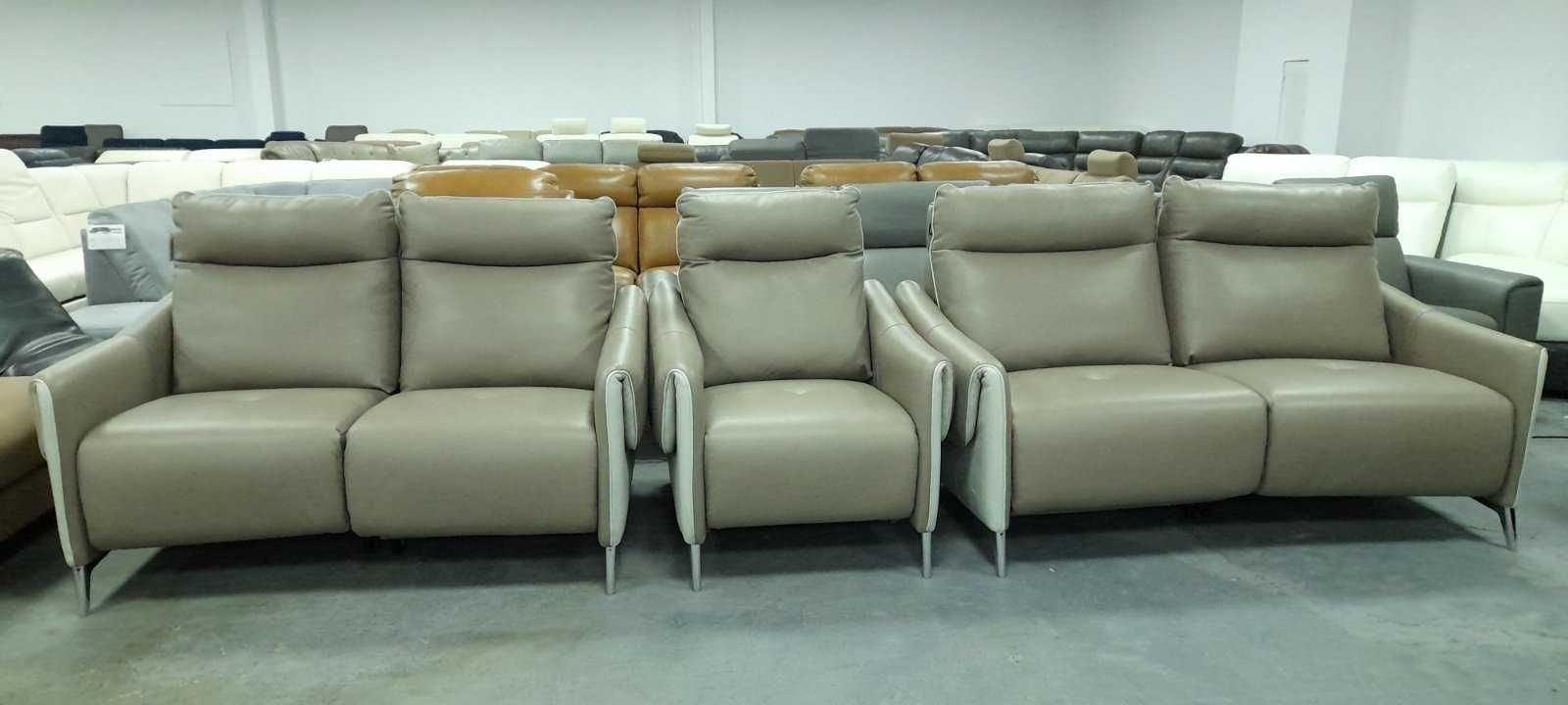Бежов комплект кожени дивани с фотьойл с ел релакс механизъм