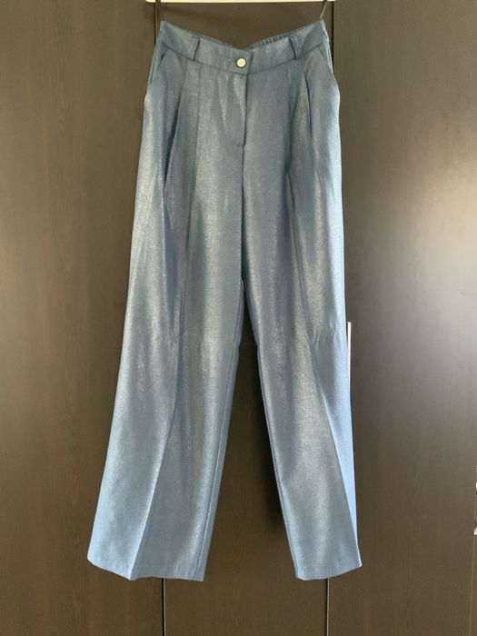 Дамски елегантен широк панталон,син с лек метален блясък 40 размер