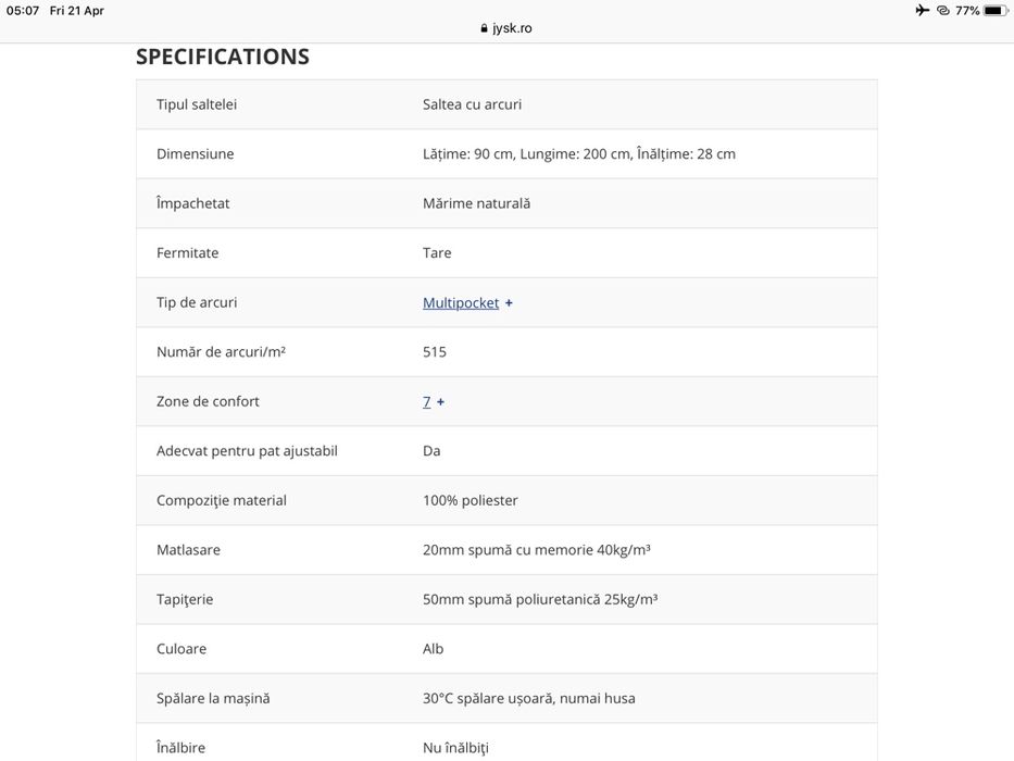 Saltea Gold 110 multipocket arc500,tare cu memorie90 x200 1300ron buc