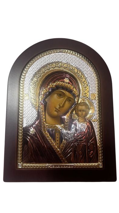 Икона Богородица и младенец сребърно фолио върху дърво