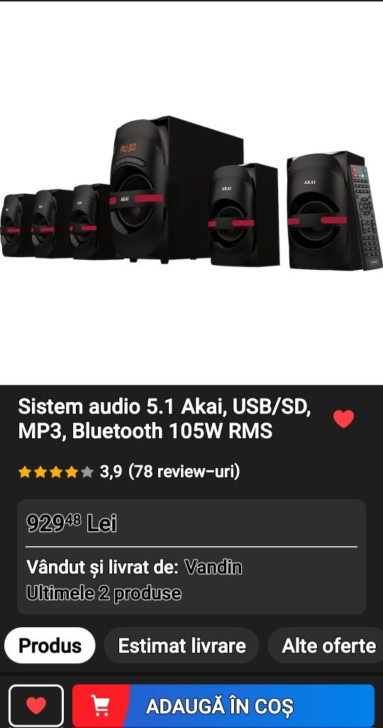 Sistem audio 5.1 Akai, USB/SD, MP3, Bluetooth, 105W RMS.