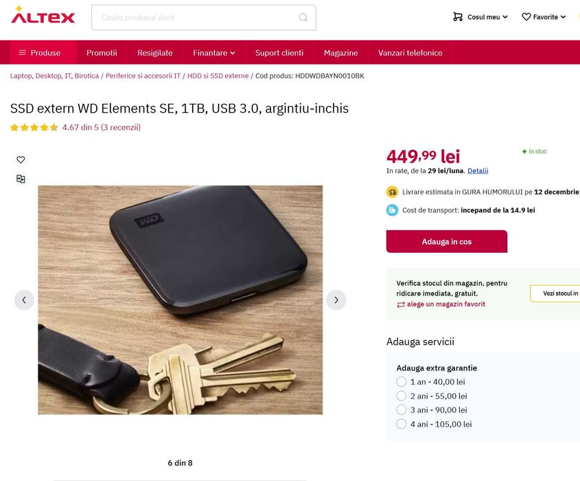 SSD Extern Western Digital WD Elements SE 1Tb , NOU/SIGILAT