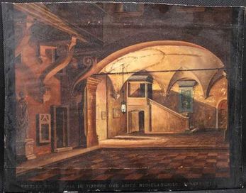Темпера върху картон: Дворът на къщата на Микеланджело 19. век