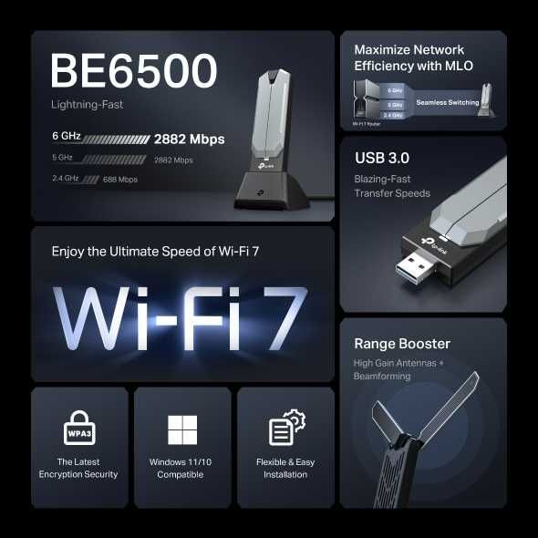 Archer TBE400UH   BE6500  High Gain  Tri- Band Wi-Fi 7 USB   Adapter