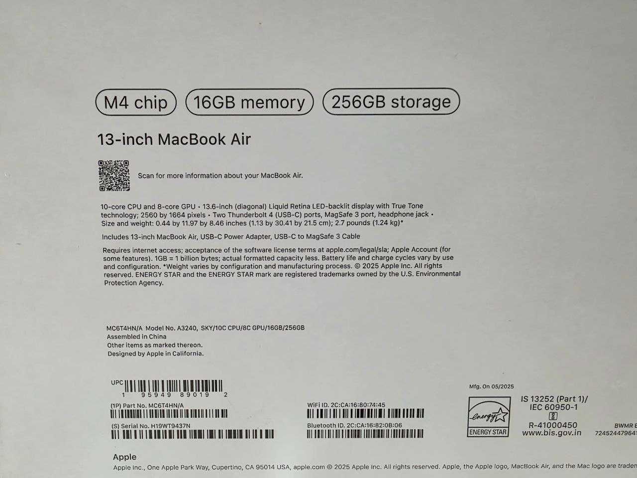 Macbook Air m4/16/256 gb 13 inch 2025